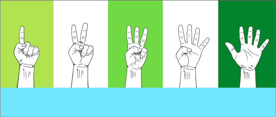 Hands holding up numbers one through five